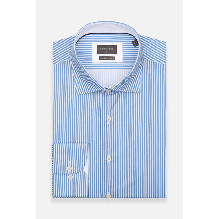 Camicia Uomo 1 Bottone Francese Slim Popeline Stretch Riga Media Bianco\Blu Inchiostro