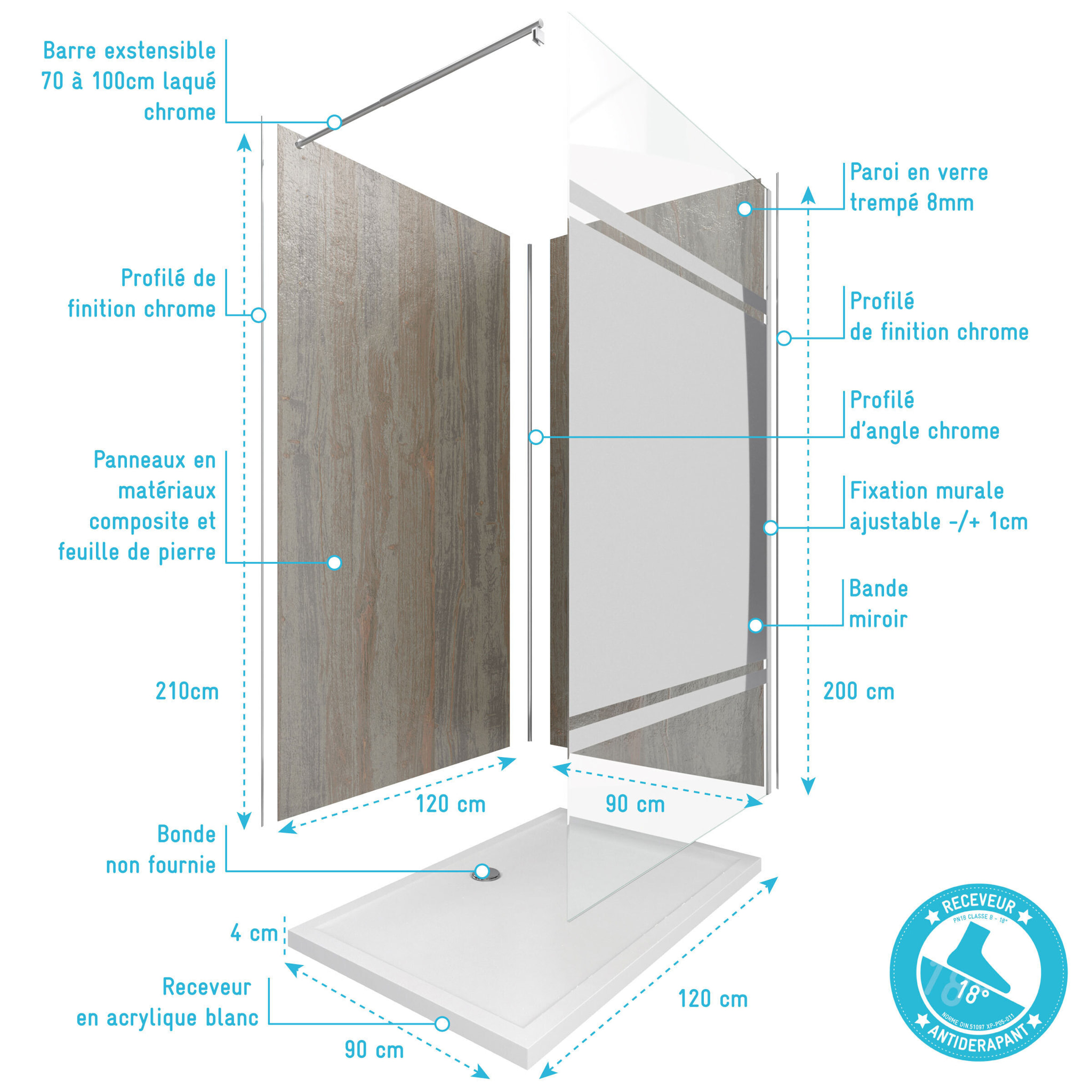 Pack panneaux muraux Wood Stone + paroi FREEDOM 2 MIROIR + receveur WHITNESS