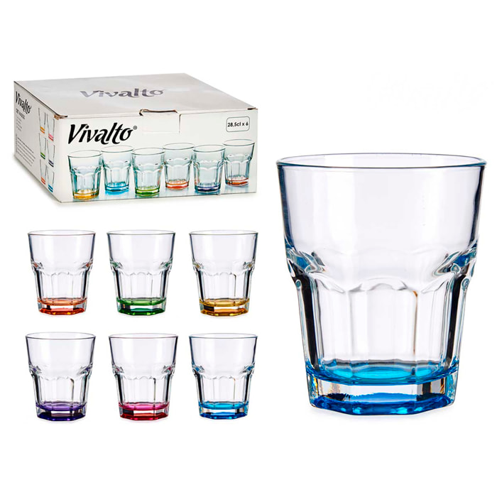 Set di 6 bicchieri di vetro con base colorata. Assortimento di 6 colori. Capacità di 285 ml.
