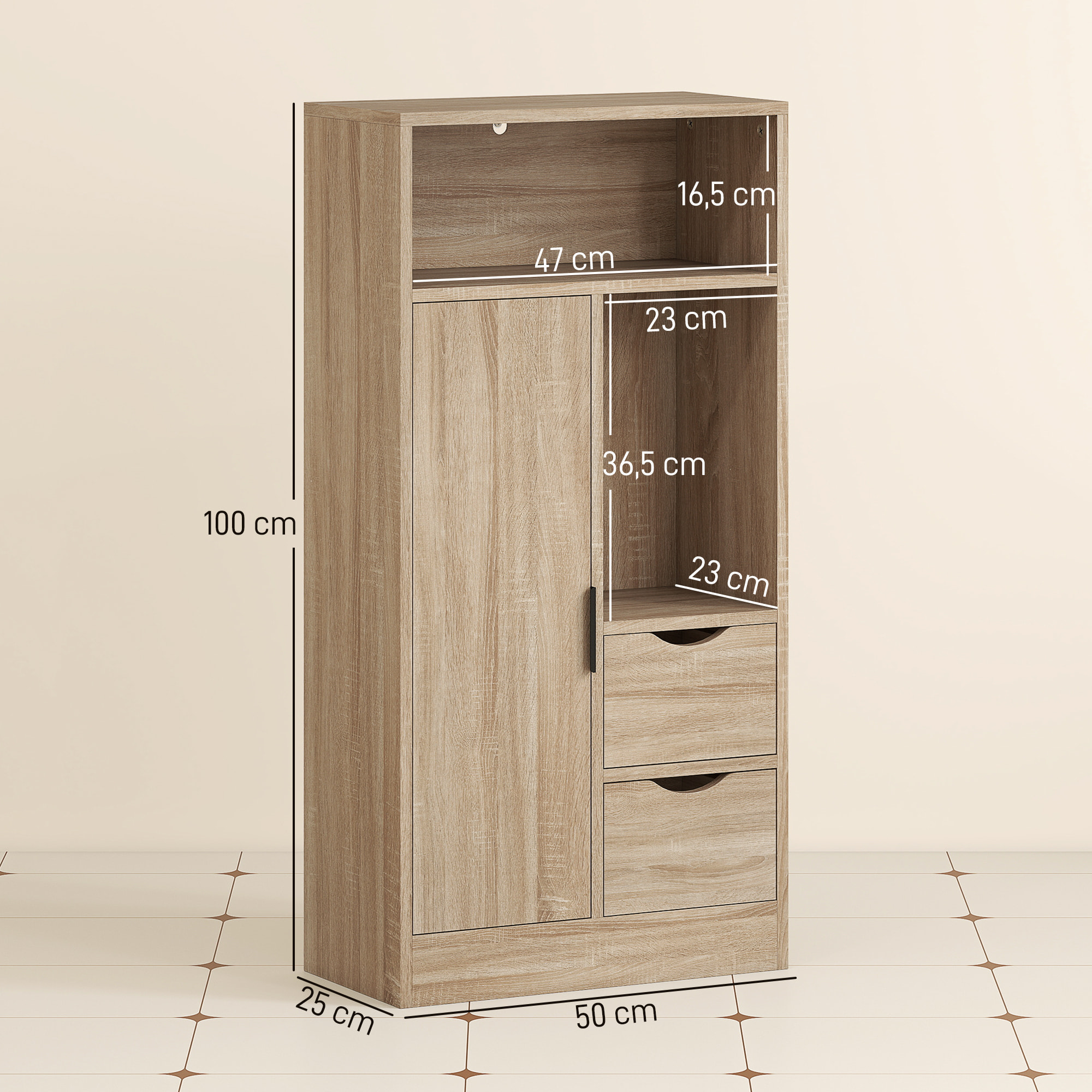 Mueble de Baño Estrecho Armario de Baño con 2 Cajones Compartimento Abierto y Estantes Ajustables para Espacio Pequeño Cocina Salón 50x25x100 cm Natural