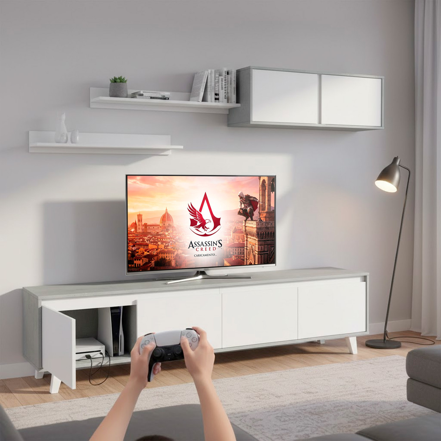 Parete Attrezzata Mobile Porta TV Con Pensile E Mensole Set Da Soggiorno Design Moderno Per Televisori Fino A 77” 200x41x50 Cm Bianco E Grigio Cemento