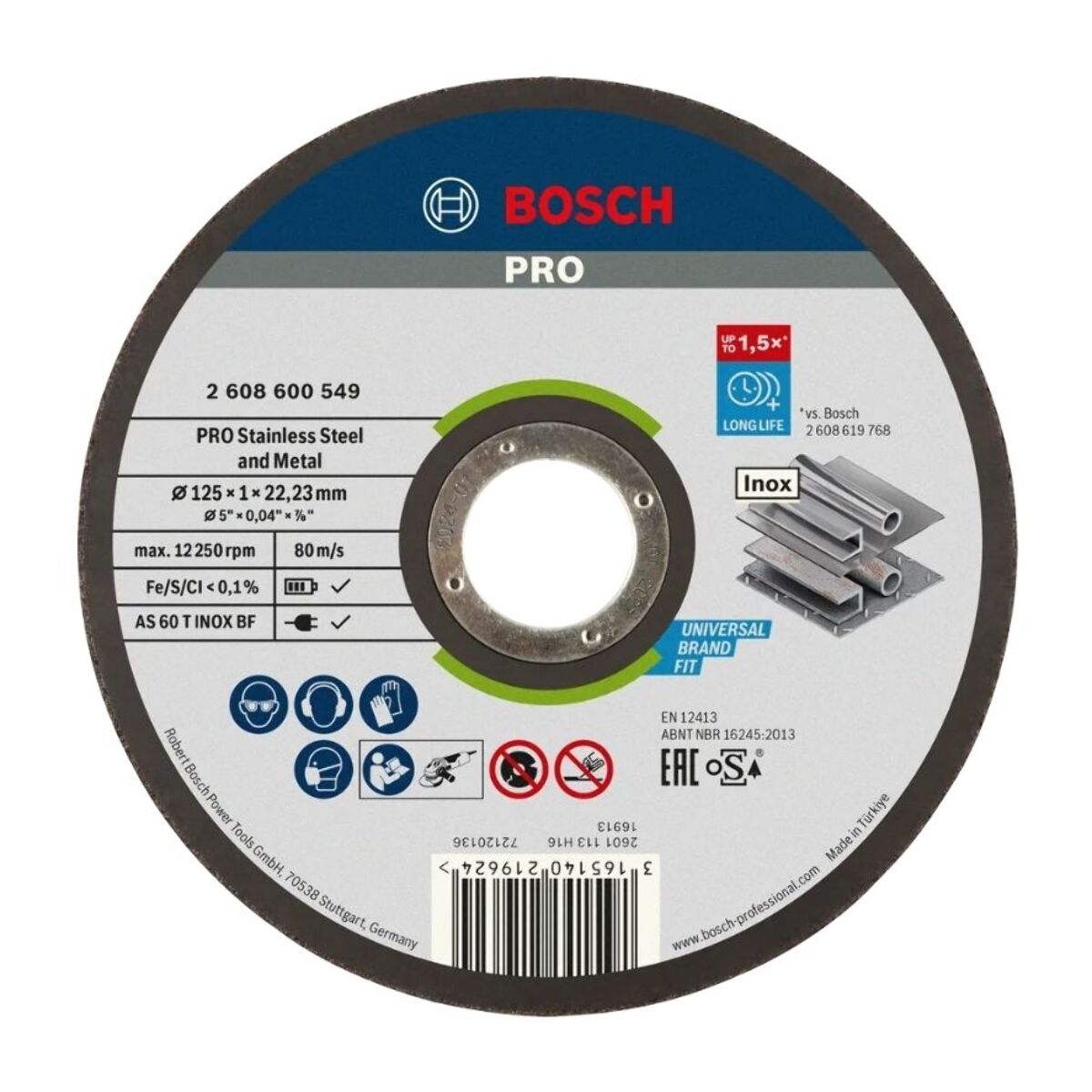 Disque EXPERT à tronçonner BOSCH à moyeu plat Spécial inox 125X1.0 MM - 2608600549