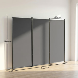 Biombo Plegable de 3 Paneles, 260x180 cm, Biombo Separador de Ambientes con Soporte de Metal, Protección UPF 30+, para Interior, Exterior, Jardín, Patio, Terraza, Gris Oscuro