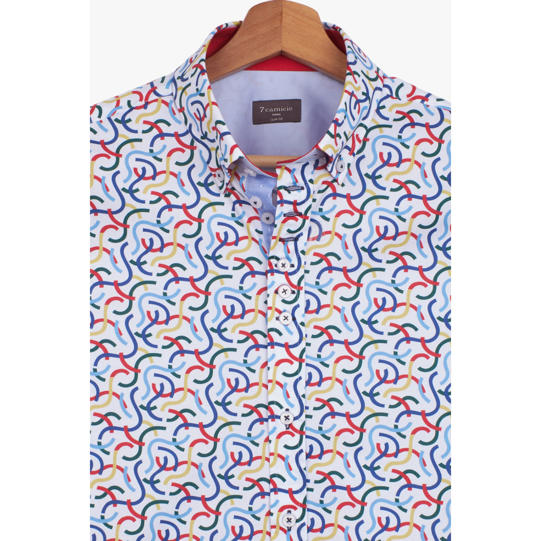 Camicia Uomo 1 Bottoni Button Down Slim Popeline Stampato Bianco e Rosso