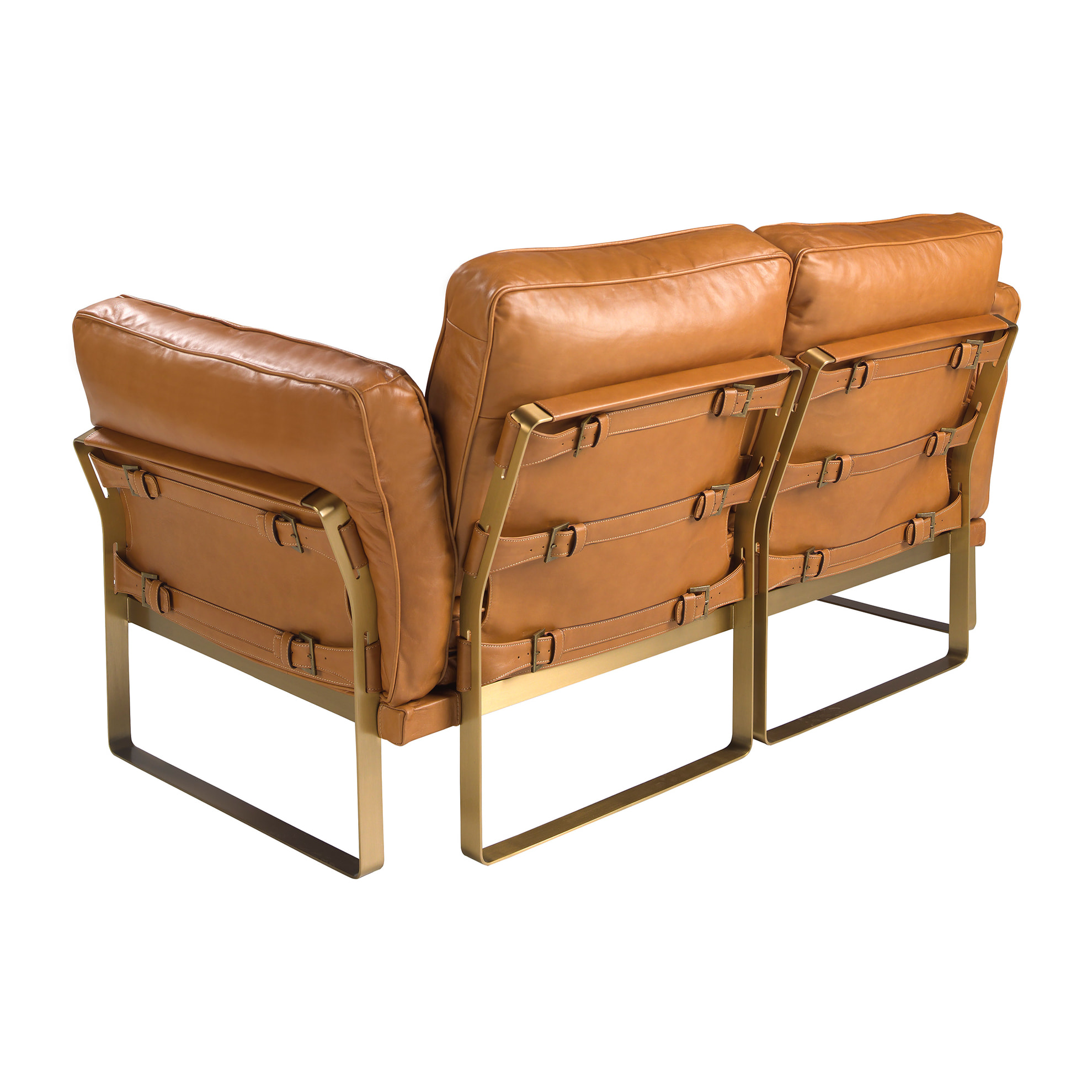 Sofá Angel Cerdá de 2 plazas tapizado en piel de origen vacuno en camel patas de acero inoxidable en dorado 160x90x84cm