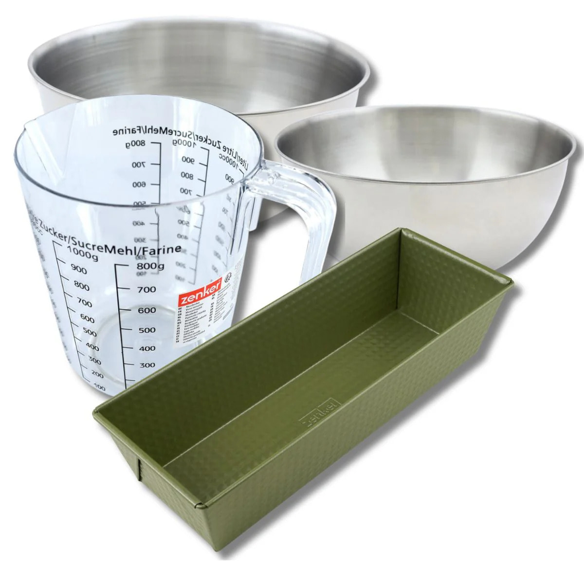 Set pâtisserie avec moule à cake 30 cm revêtu cire de carnauba, 2 bols à mixer, verre mesureur et spatule Zenker