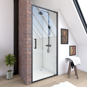 Porte de douche pivotante - 90x200 cm - Profilés Noir Mat - verre trempé 6 mm - CRUSH
