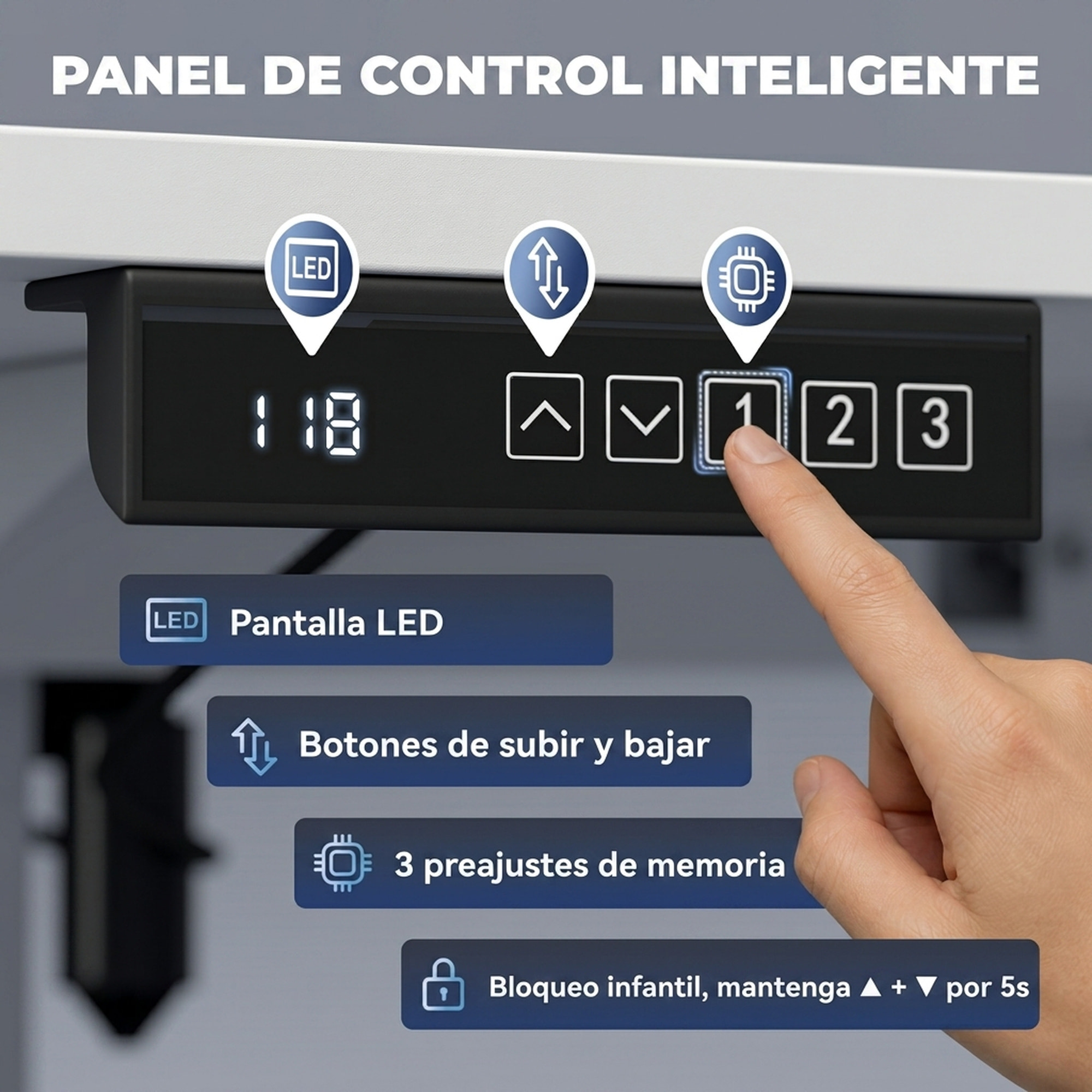 HOMCOM Escritorio Elevable 120x60 cm, Escritorio Eléctrico Regulable en Altura con 3 Alturas de Memoria, Pantalla LED, 2 Ganchos, 2 Pasacables, para Oficina en Casa, Estudio, Blanco