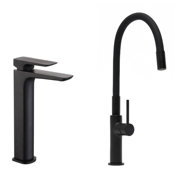 set mitigeur lavabo haut + mitigeur cuisine, bec flexible, aérateur Neoperl®, noir mat (SATBS285C)