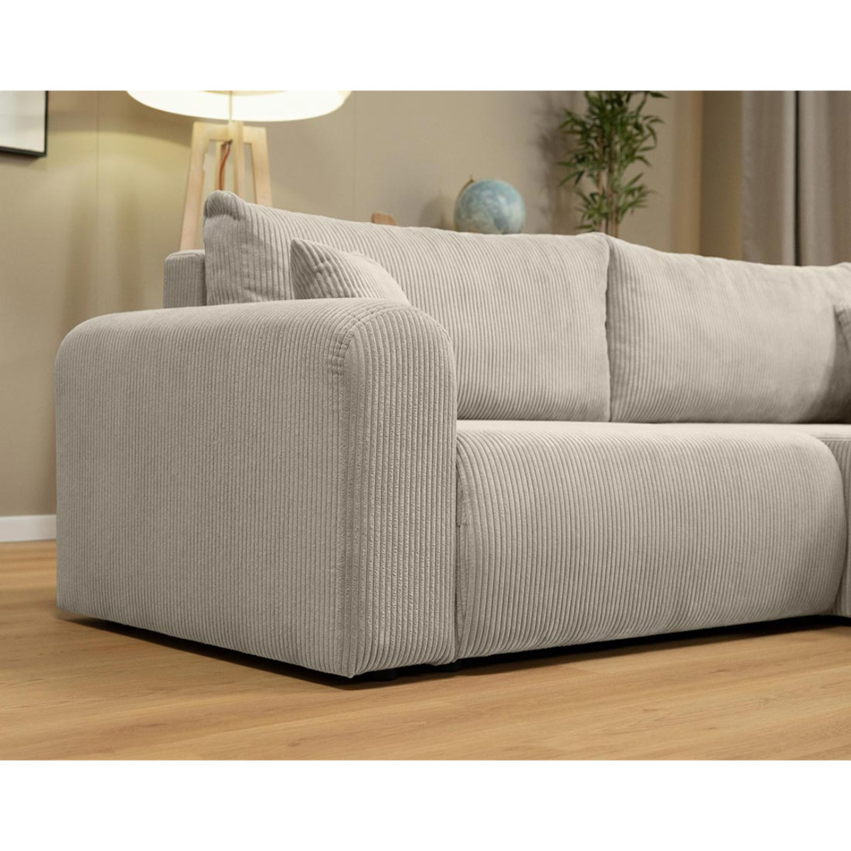 Naomi - Canapé d'angle réversible 4 places convertible avec coffre en velours côtelé - Beige