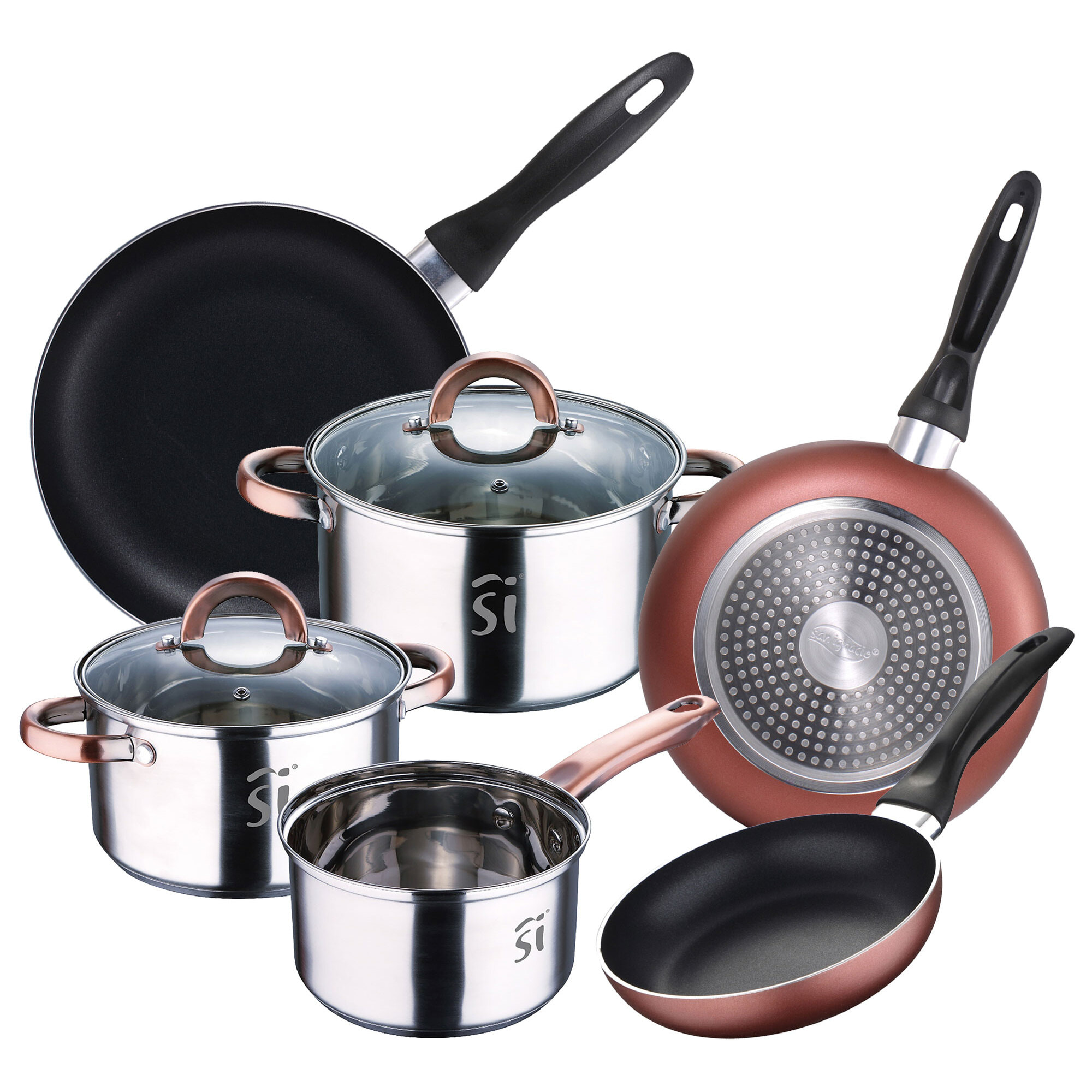 Bateria 5pc acero inoxidable ø16ø18ø20 con 2 tapas de vidrio, y set 3 sartenes ø16/20/24 cm, aluminio prensado, set apto para inducción