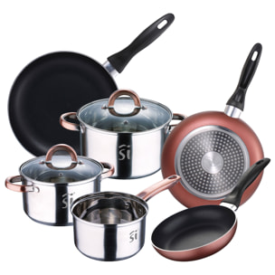 Bateria 5pc acero inoxidable ø16ø18ø20 con 2 tapas de vidrio, y set 3 sartenes ø16/20/24 cm, aluminio prensado, set apto para inducción