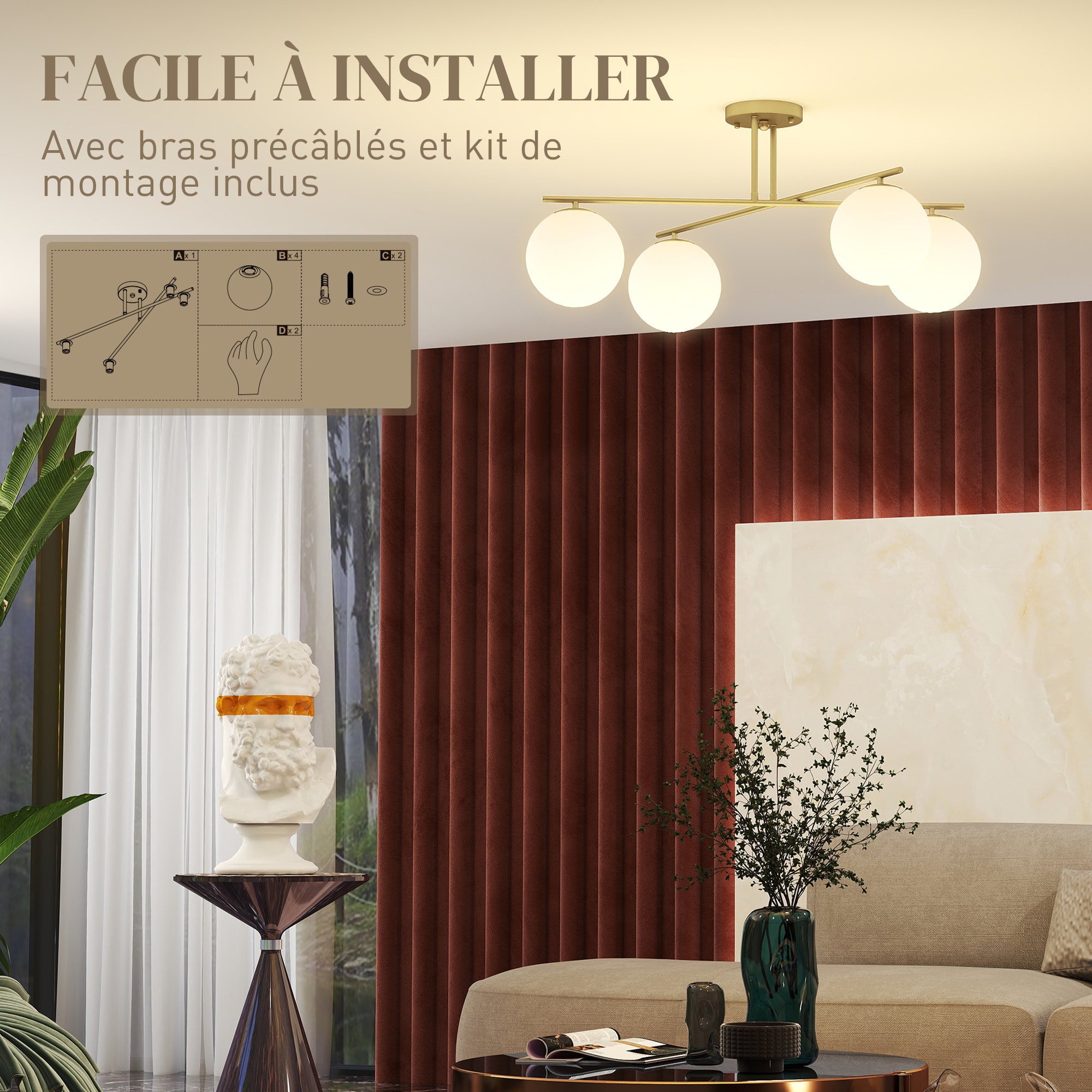 Plafonnier design doré dia. 75 cm 4 lampes boules verre dépoli blanc métal