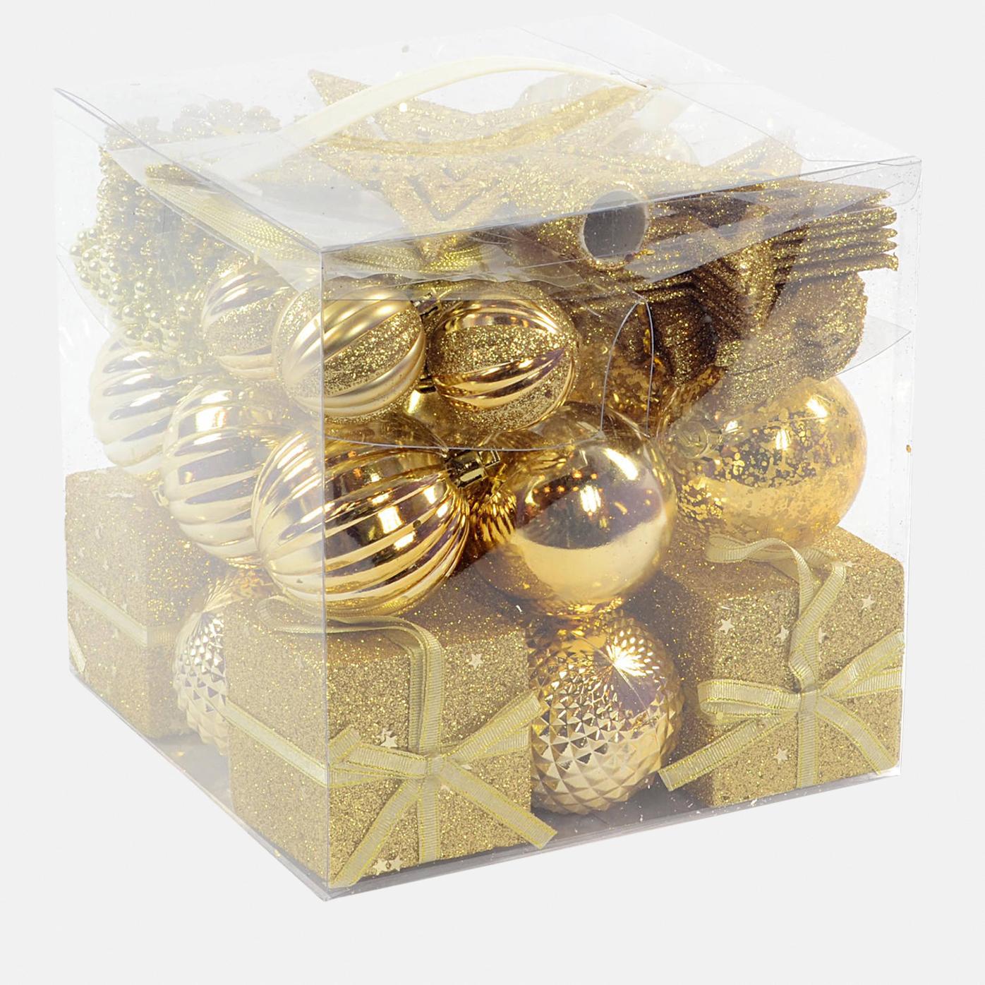 Box 50 pezzi decorazioni natalizie multi-forma, Ornamenti e Puntale, Set assortimento palline di Natale, Scatola set albero di Natale, Da 4 a 7 cm, colore Oro