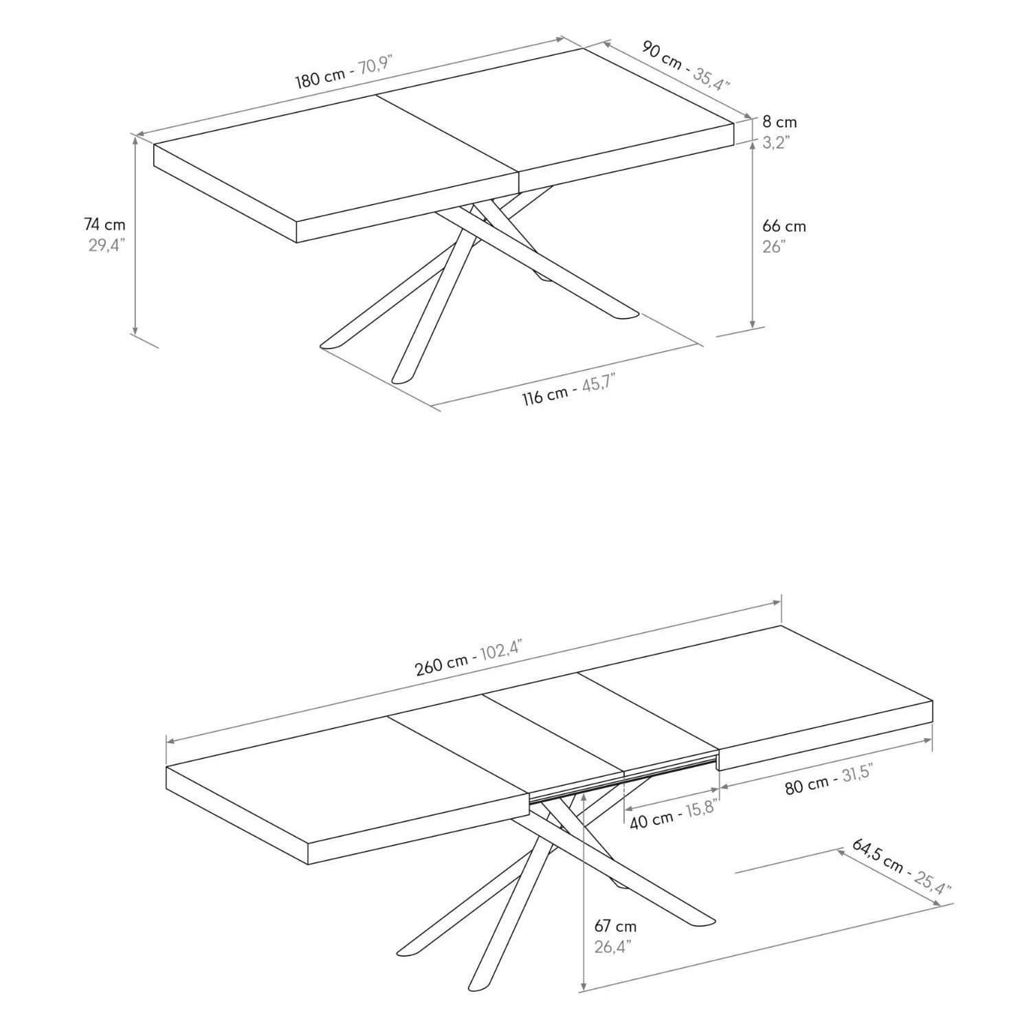 Tavolo CARRARA in legno, finitura bianco frassinato e base in metallo verniciato antracite, allungabile 180×90 cm – 260×90 cm