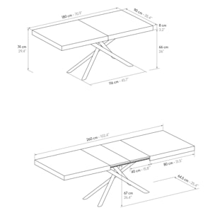 Tavolo CARRARA in legno, finitura bianco frassinato e base in metallo verniciato antracite, allungabile 180×90 cm – 260×90 cm