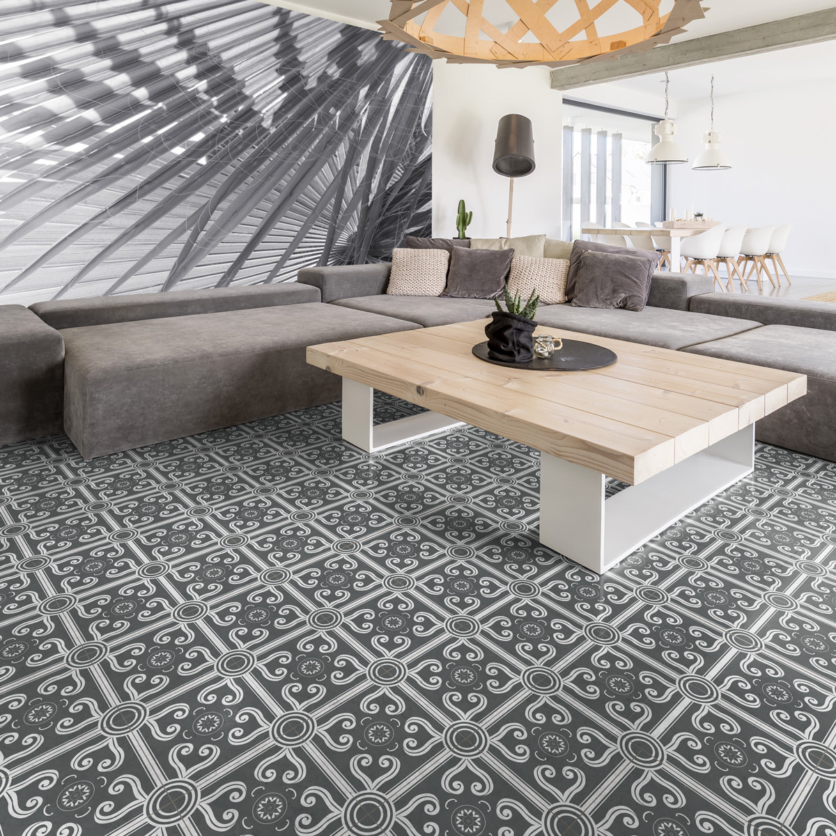 Sticker Sol Carreaux de Ciment azulejos avec laminat de Protection en Plastique Anti-dérapant | Stickers Sol - 4 STICKERS SOL CARRELAGES RUBÉN ANTI-DÉRAPANT