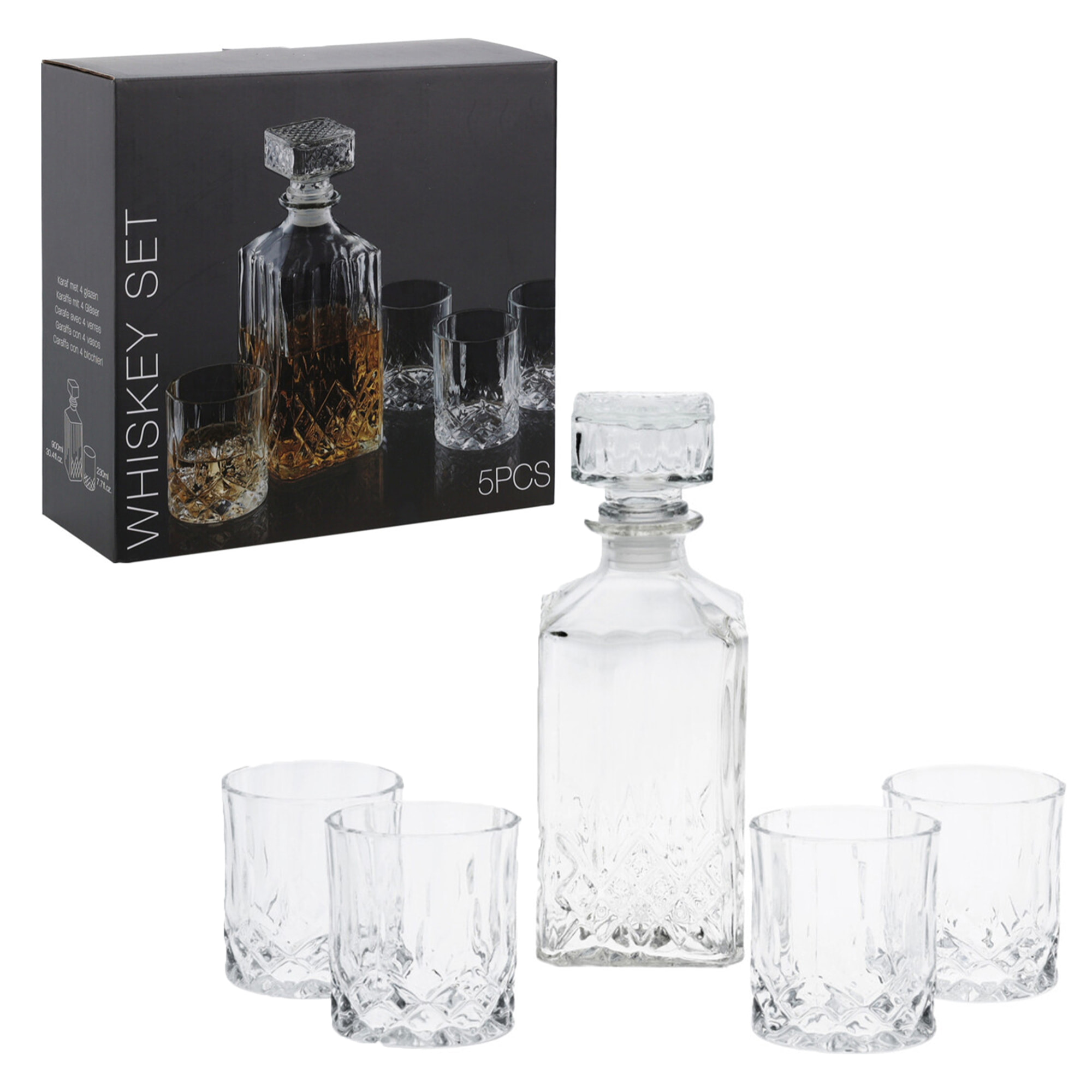 Set de vaso decantador elegante con tapas de cristal y vasos a juego