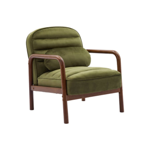 Fauteuil scandinave bois d'hévéa teinté noyer et tissu velours kaki