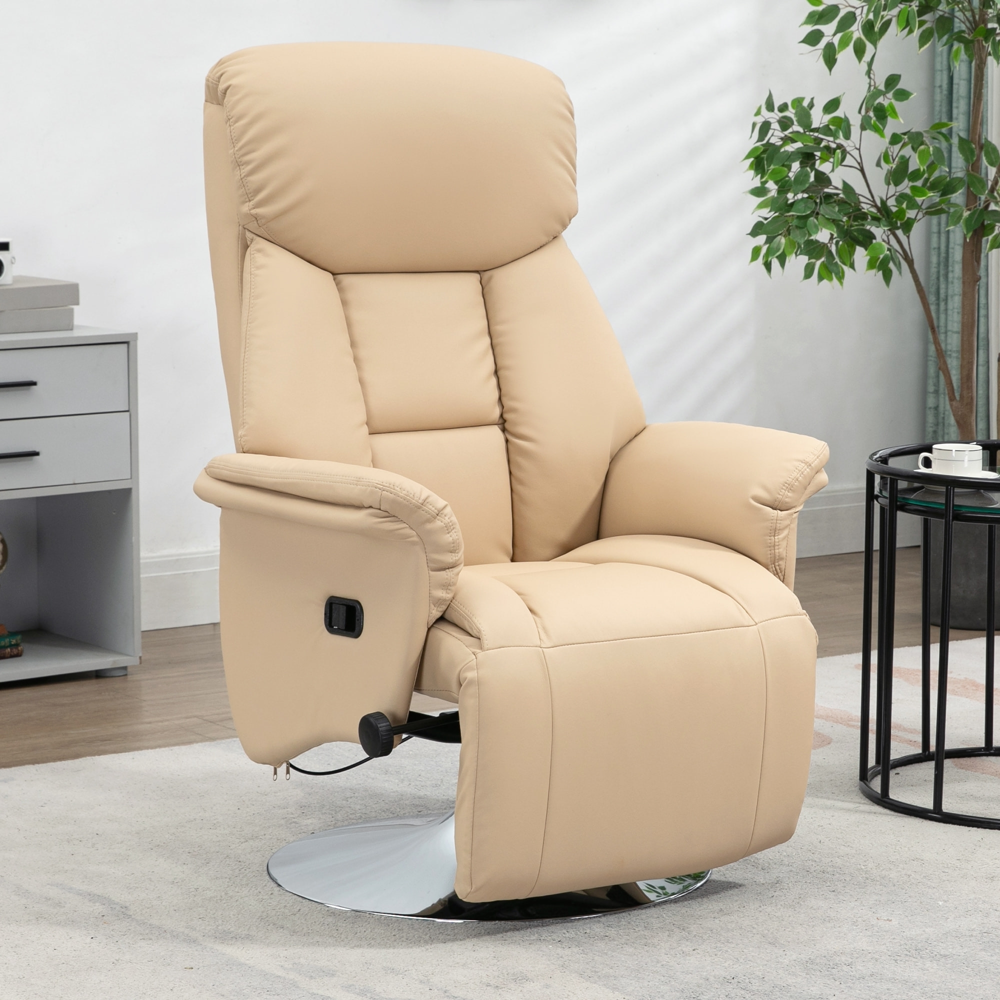 Fauteuil relax inclinable repose-pied réglable pivotant 360° piètement métal chromé revêtement synthétique beige