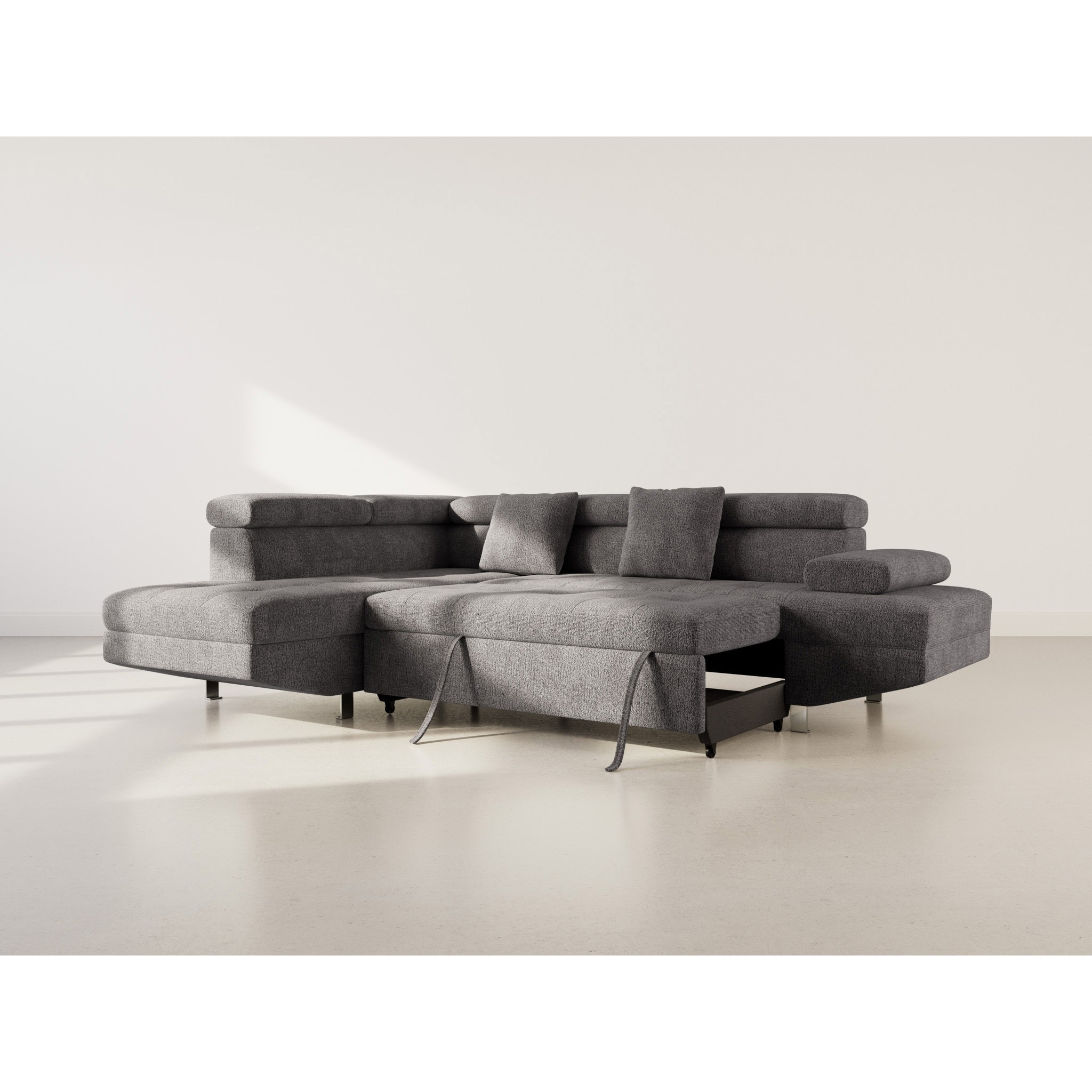 Margaux - Canapé d'angle gauche 5 places convertible avec coffre et têtières réglables en velours texturé - Gris