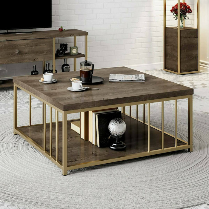 Tavolino da salotto Raiden, Tavolo basso da caffè, Portariviste per divano, Ripiano da soggiorno, 90x90h40 cm, Noce e Oro