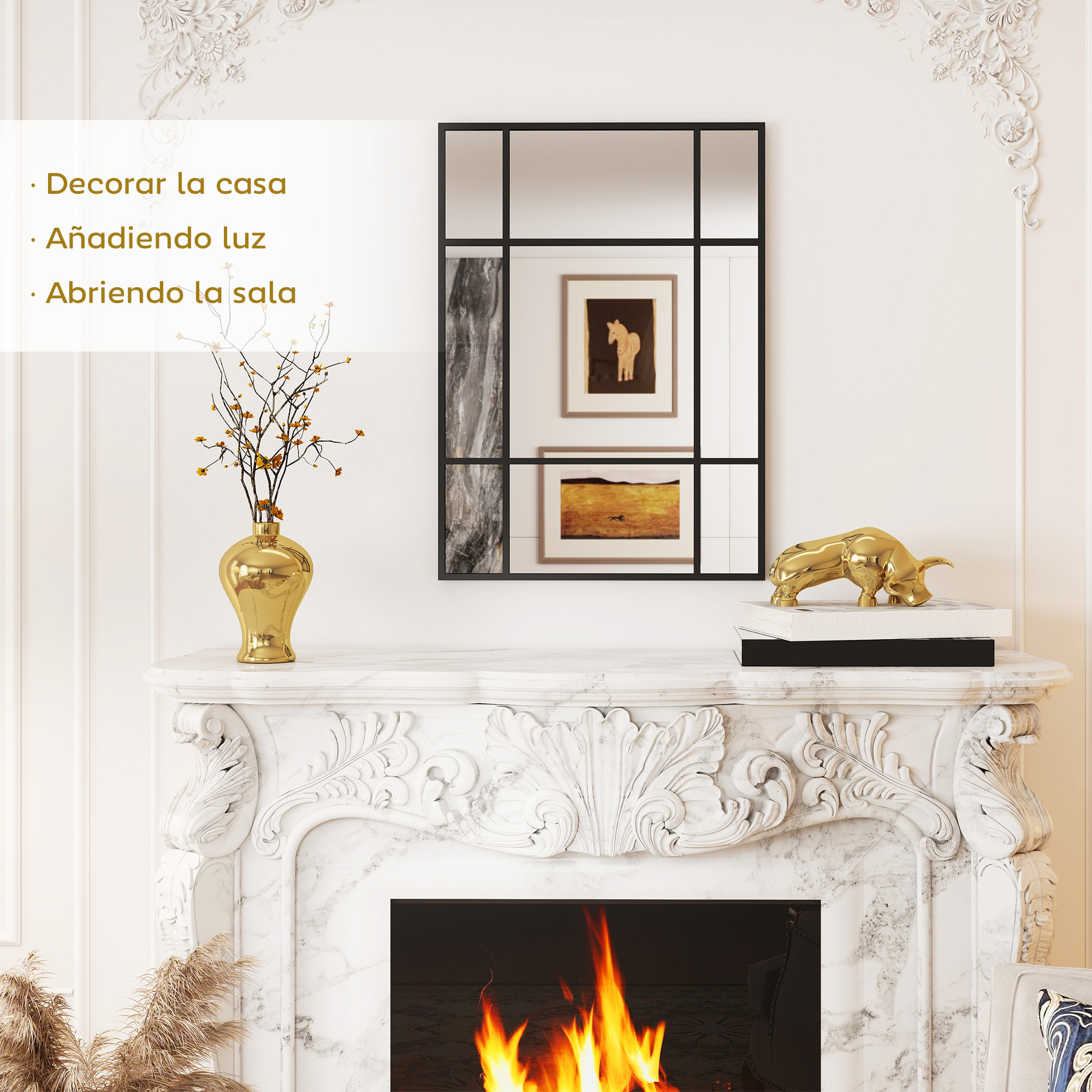 Espejo Rectangular de Pared, 70x50 cm, Espejo de Ventana con Marco de Metal, Decorativo para Salón, Dormitorio, Entrada