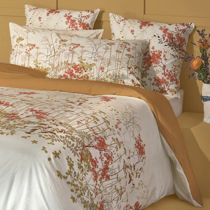 Lot h.couette +taies percale de coton 115 g/m² imprimé beige orange Erables beige