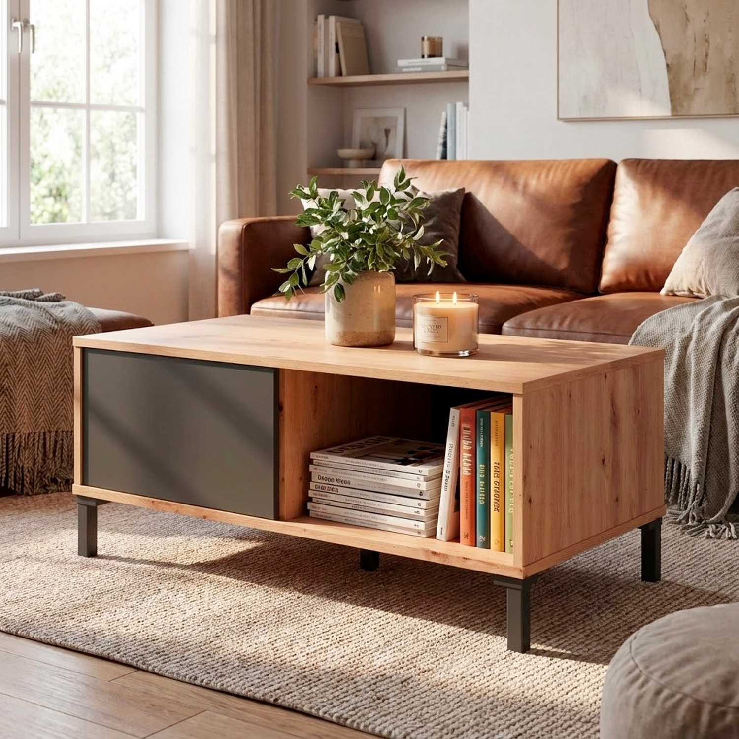 Tavolino Da Caffè Con Vano Aperto e Chiuso Tavolo Basso Design Soggiorno Salotto Arredo Casa Stile 40 x 100 x 50 cm Rovere e Grigio Antracite