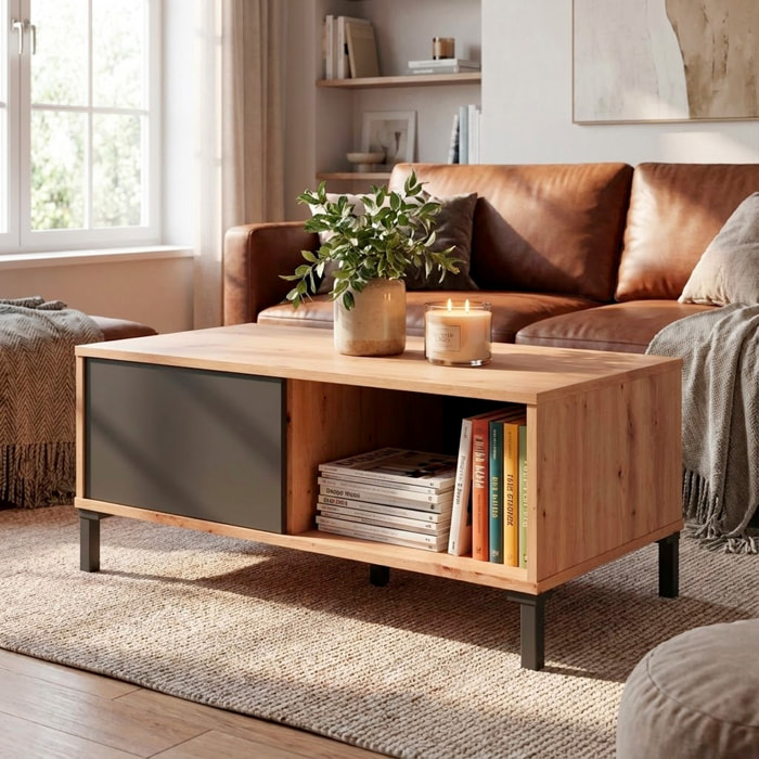 Tavolino Da Caffè Con Vano Aperto e Chiuso Tavolo Basso Design Soggiorno Salotto Arredo Casa Stile 40 x 100 x 50 cm Rovere e Grigio Antracite