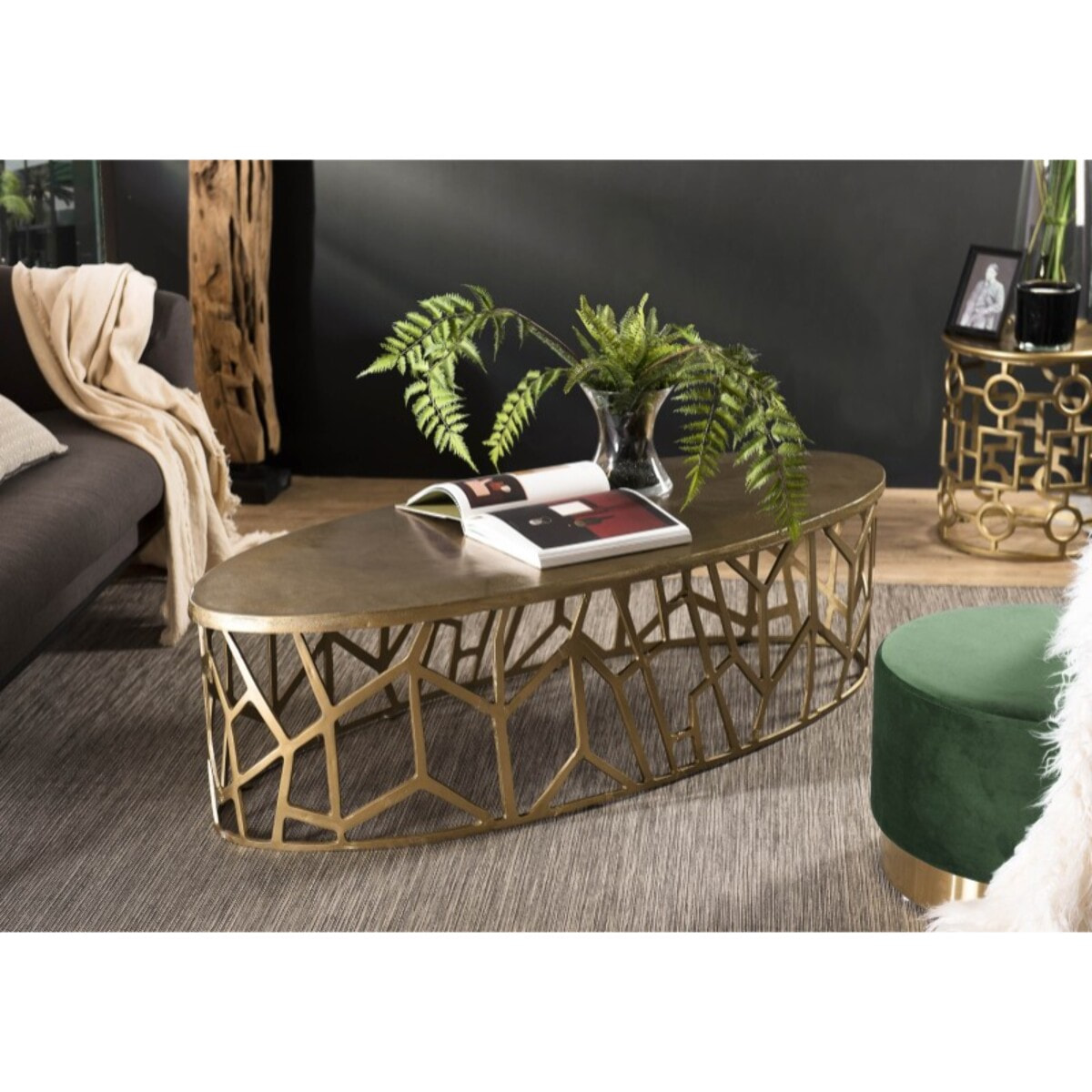 JOHAN - Table basse ovale 150x60cm aluminium doré piètement graphique
