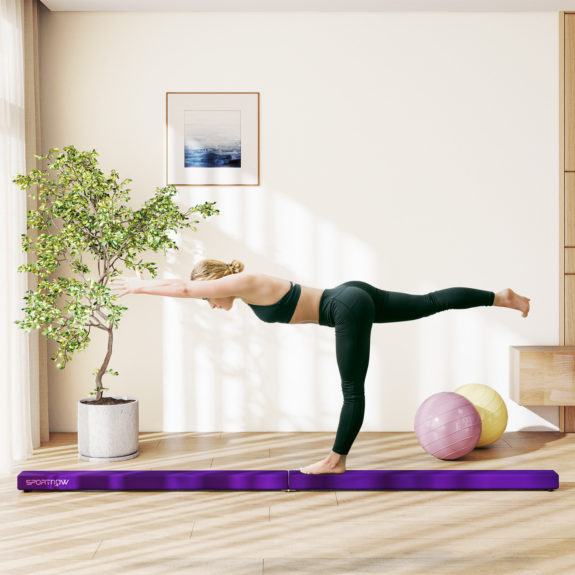 Poutre gymnastique pliable 240 cm - poutre d'équilibre antidérapante - bois de pin revêtement flanelle violet