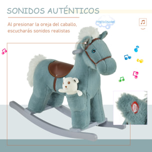 Caballito Balancín para Niños 18-36 Meses Caballo Mecedora Felpa con Osito de Peluche Sonidos de Relincho y Galope Base de Madera 65x26x55 cm Azul