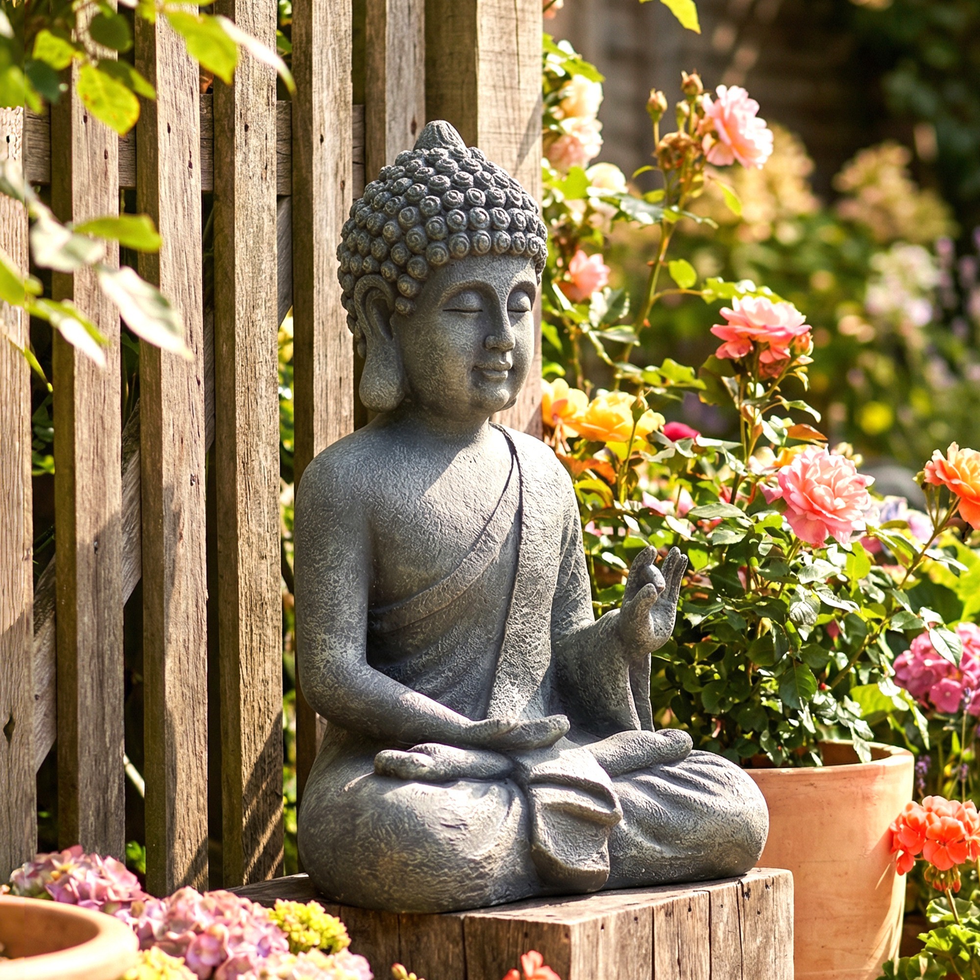 Statue de jardin bouddha assis effet pierre gris