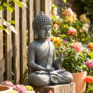 Statue de jardin bouddha assis effet pierre gris