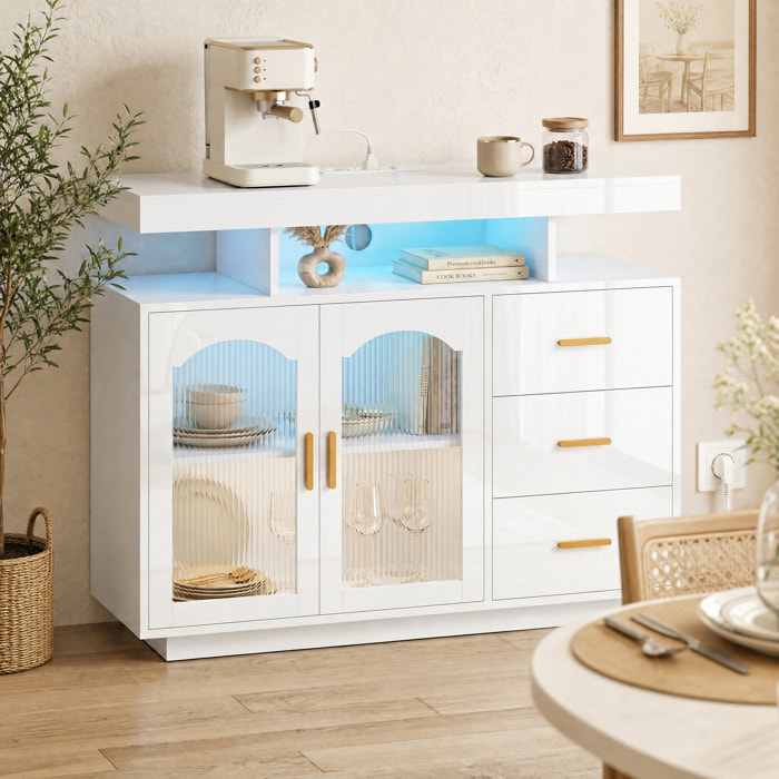 Aparador con LED RGB de 7 Colores, Tomas y Puertos USB, Aparador de Salón de Alto Brillo con 3 Cajones, Estantes Abiertos, 2 Puertas de Acrílico, Cierre Suave, para TV 72", Blanco, 100x35x80 cm