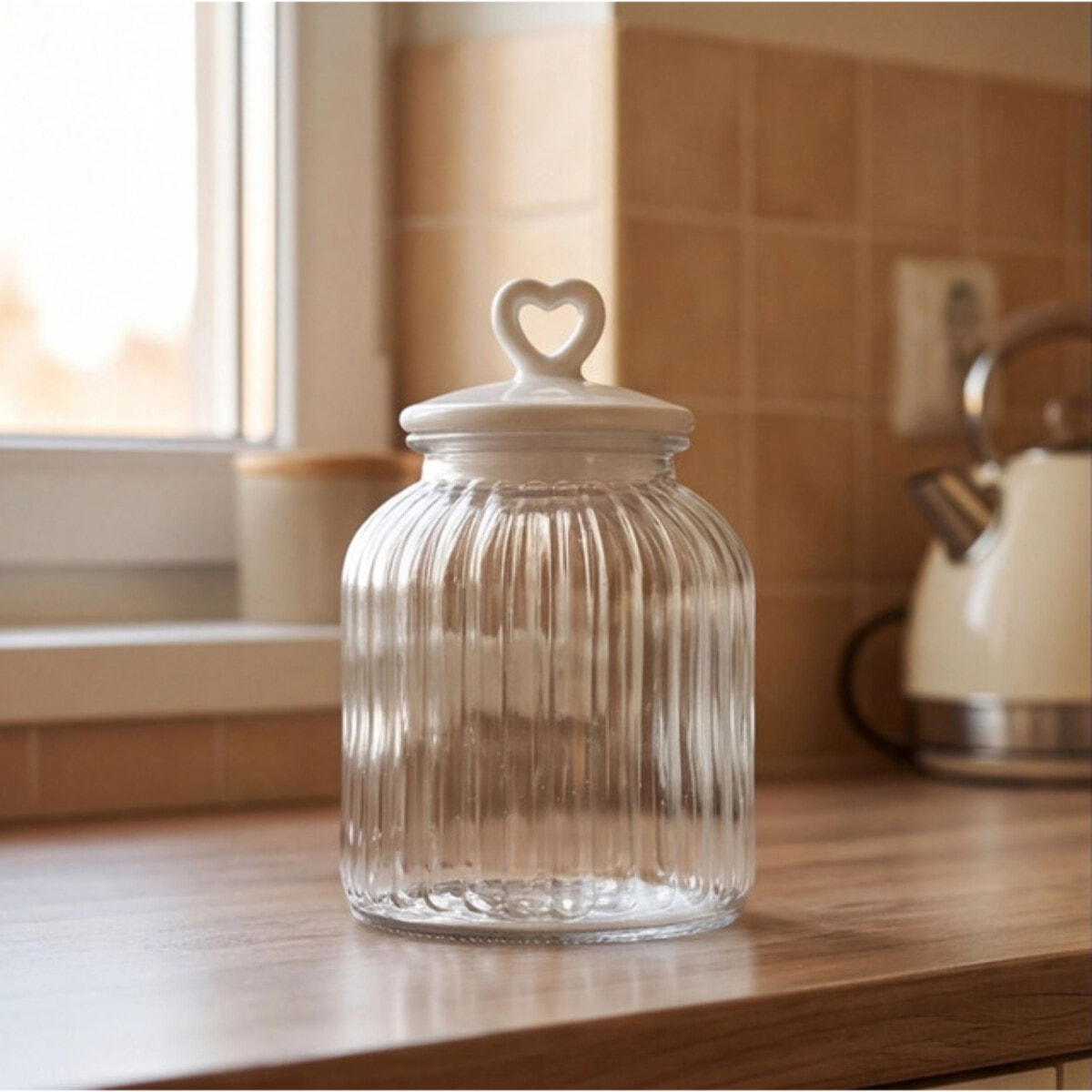 Barattolo in vetro con tappo in ceramica a cuore, contenitore alimenti trasparente, ideale per zucchero caffè biscotti e pasta, design elegante e pratico, organizer cucina resistente, facile da pulire