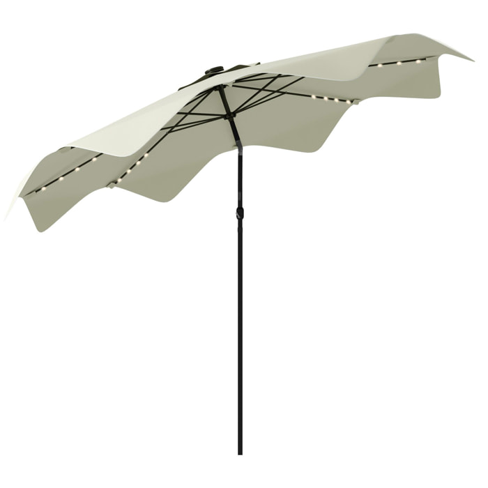 Sombrilla de Jardín Ø292x248 cm Parasol de Terraza Manual con 32 Luces LED Solares 8 Varillas Impermeable y Rejillas de Ventilación para Patio Balcón Crema