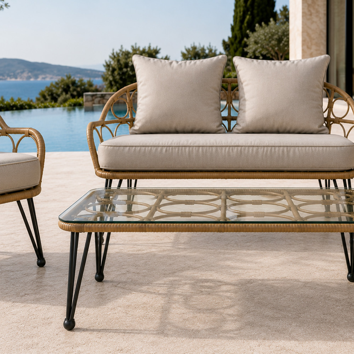 Salon de jardin 4 places avec table basse effet rotin naturel ALMADA
