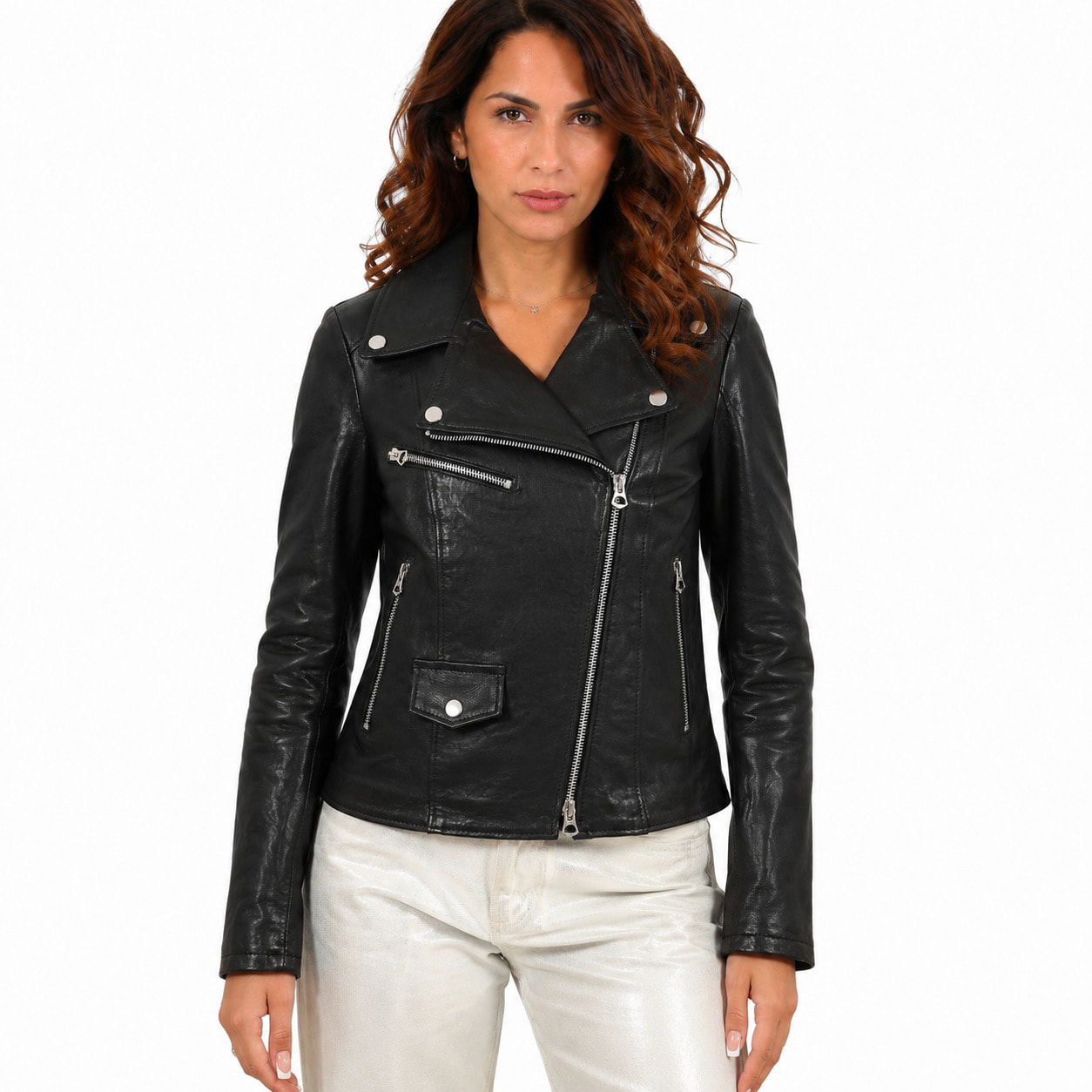 Chiodo donna in pelle di vitello rifinizione vegetale nero