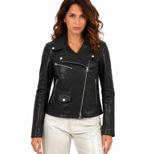 Chiodo donna in pelle di vitello rifinizione vegetale nero
