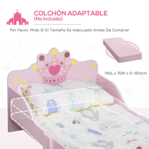 Cama para Niños de +3 Años 143x73x60 cm Cama Infantil de Madera con Estampado de Corona Carga 50 kg para Dormitorio Rosa