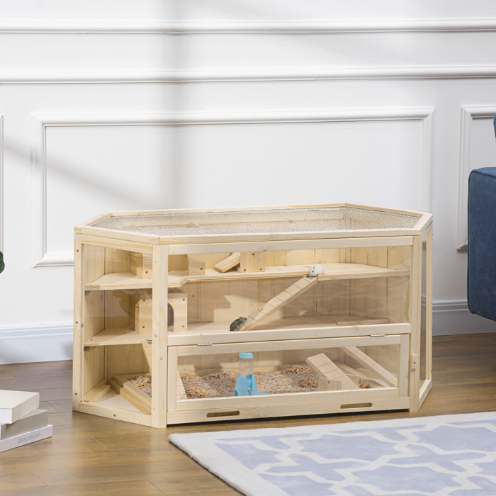 Cage pour hamster 2 étages dim. 115x60x55cm bascules biberon eau fenêtres cabanes toit ouvrable plateau déjection bois