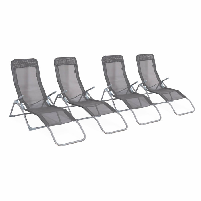 Lot de 4 bains de soleil pliants - Levito Anthracite - Transats textilène 2 positions. chaises longues