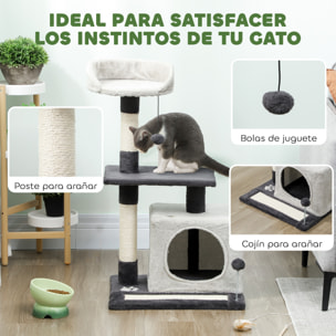 Árbol Rascador para Gatos, Árbol para Gatos 85 cm, Torre Escalador con Plataformas, Cueva, Postes Rascadores, Tapete de Sisal, Bolas, Gris Claro y Negro