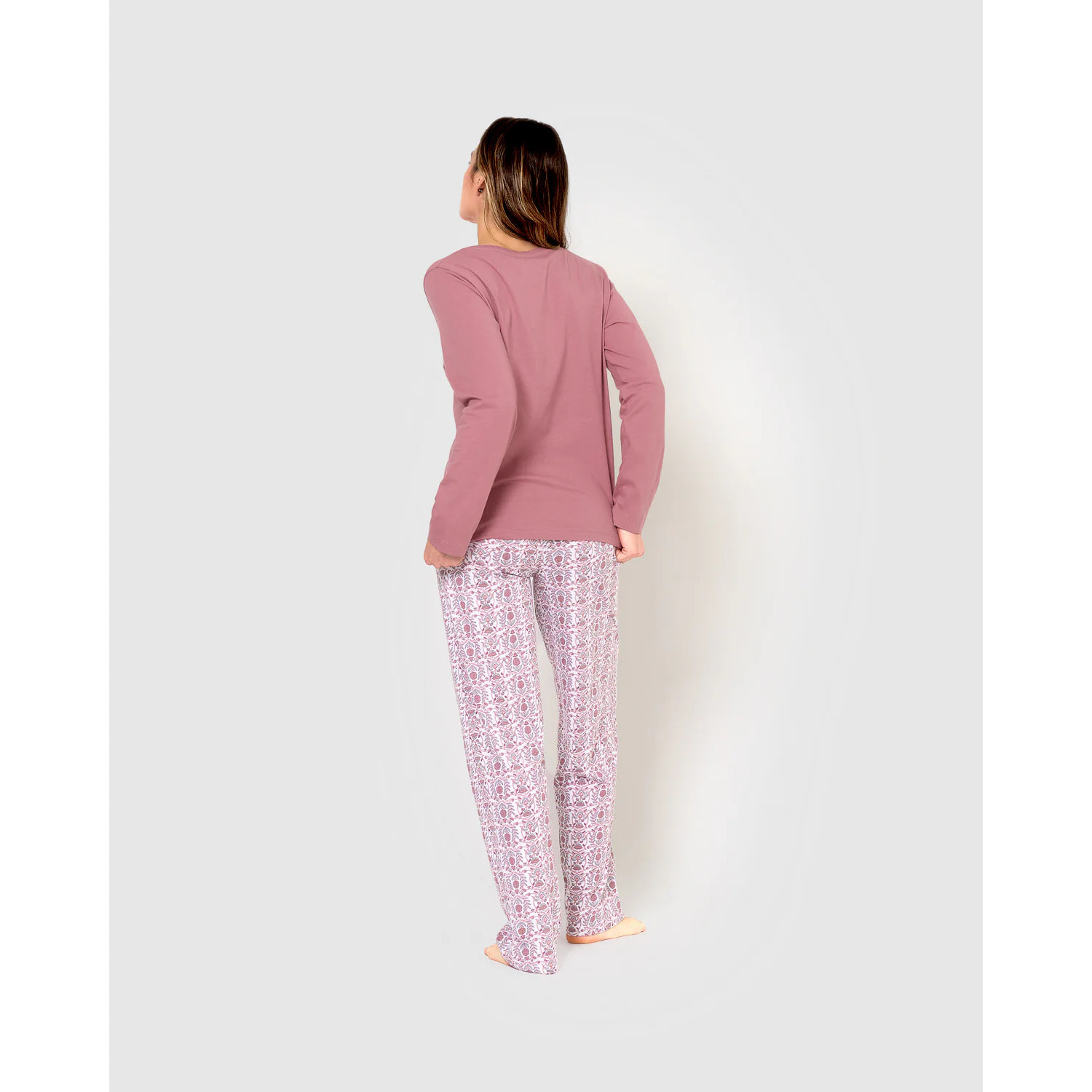 Pigiama lungo in cotone rosa mia con scollo a v