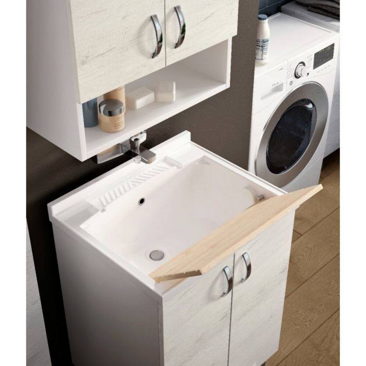 Lavatoio da bagno a due ante battenti con asse in legno, Mobile lavatoio con lavello, Made in Italy, cm 60x50h85, colore Bianco e Olmo