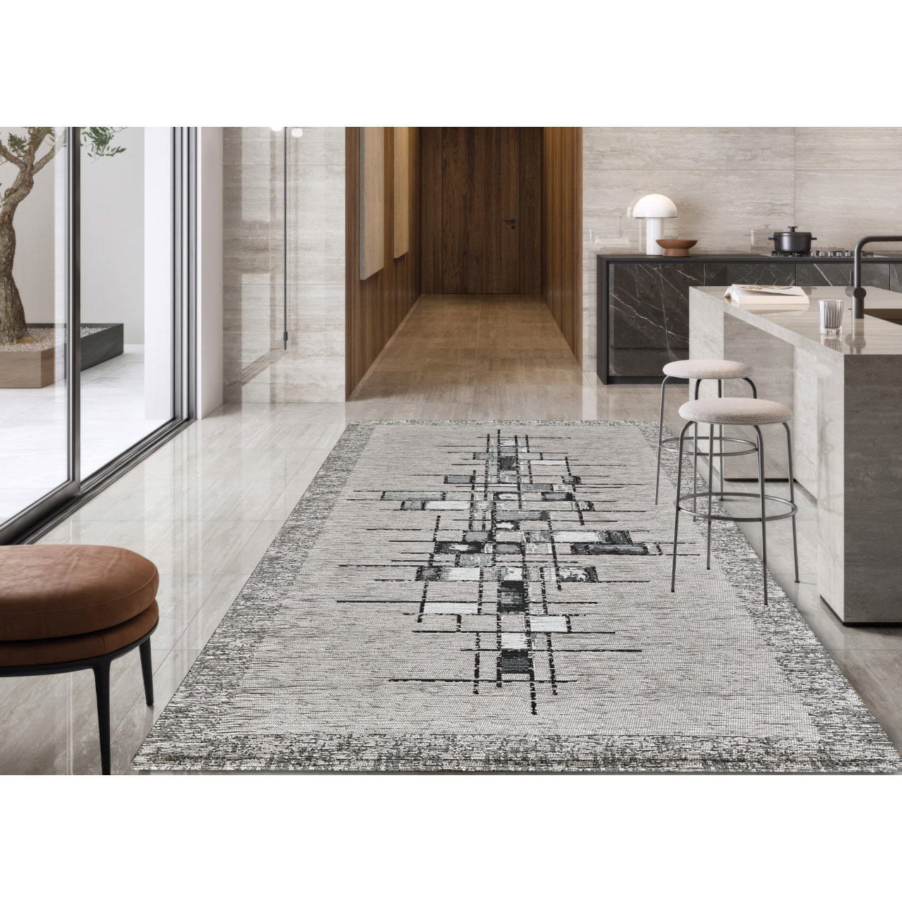 Tappeto Jacquard Ideale Cucina Ingresso Made In Italy Antiscivolo, Lavabile, Morbido Disegno Pixel Argento By Suardi