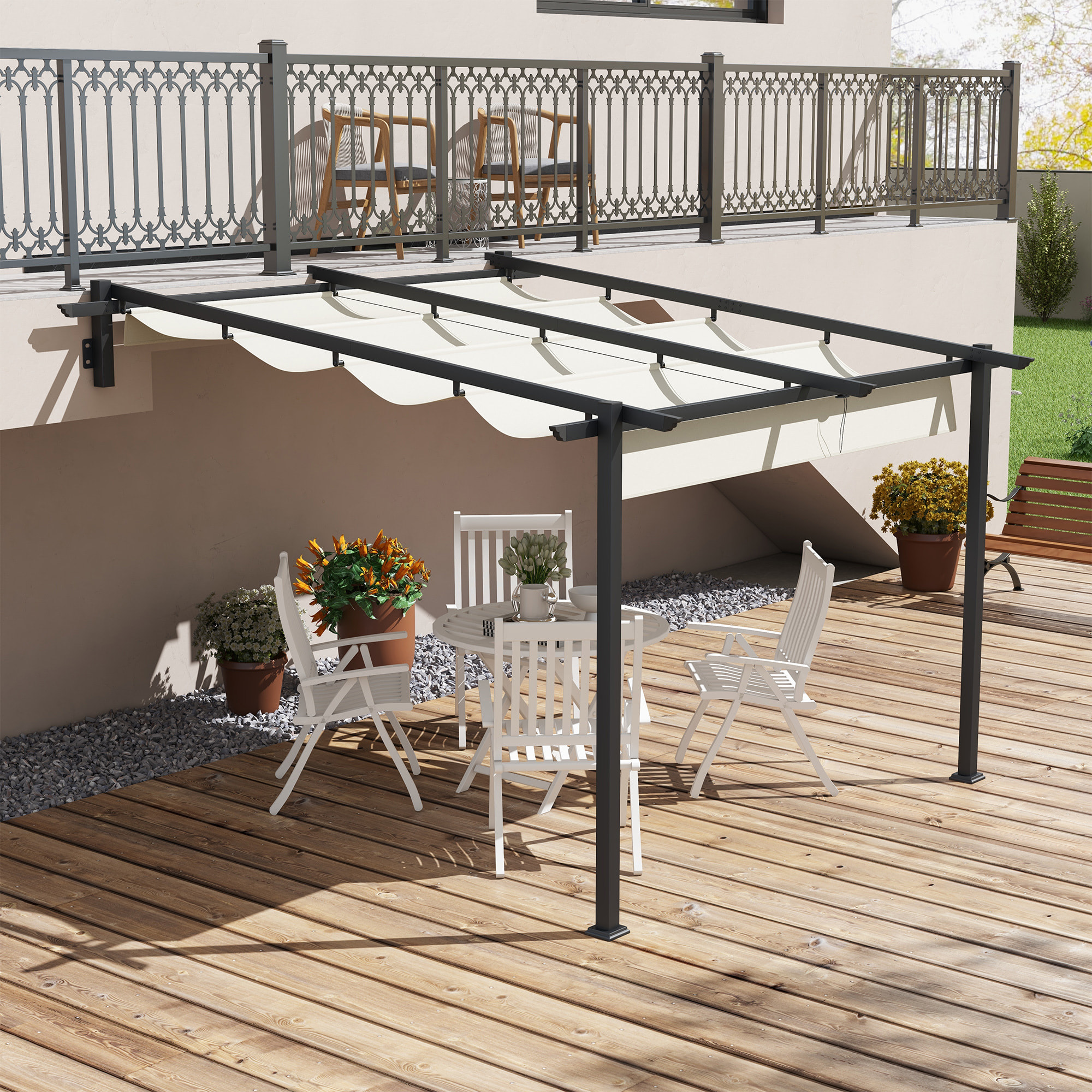 Pérgola de Pared 3x3 m Cenador de Jardín con Techo Retráctil de Poliéster y Marco de Acero para Celebraciones Fiestas Bodas Crema y Gris Oscuro
