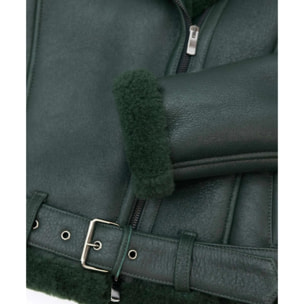 Montone shearling verde con cintura e cerniera trasversale